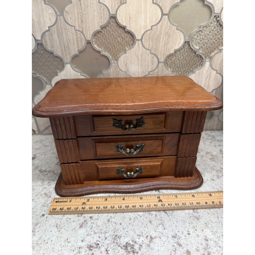 Vintage Wooden Jewelry Box 3 Drawer Chest Mirror Yellow Felt Lining Brown Wood